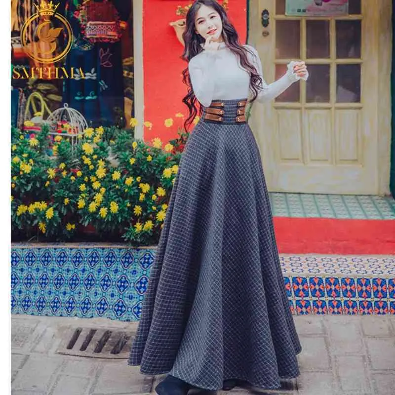 Winter Flare Sleeve Turtleneck Lady Ruffle Sweater + Vintage Plaid Ull Maxi Skirt Två Piece Women Set 210520