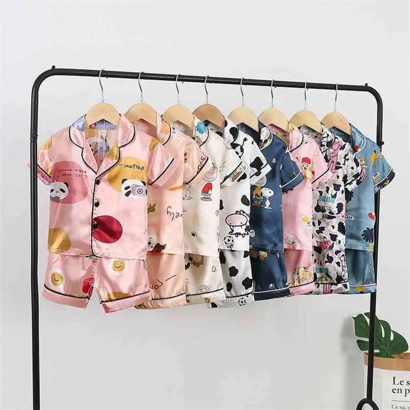 Girls Satin Silk Pajamas Set Kids Boy Cartoon Sleepwear Outfits Summer Toddler Short Sleeve+shorts Leisure Wear Home Clothes 210915