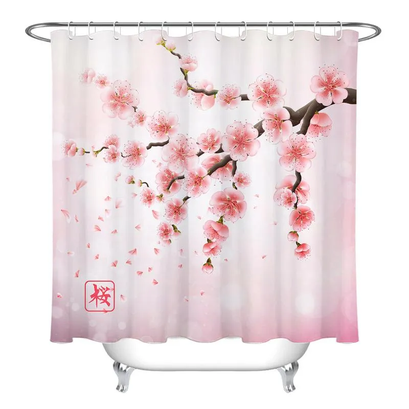 Cortinas de chuveiro japonês cor de cerejeira rosa cortina banheiro conjunto de tecidos de poliéster ganchos