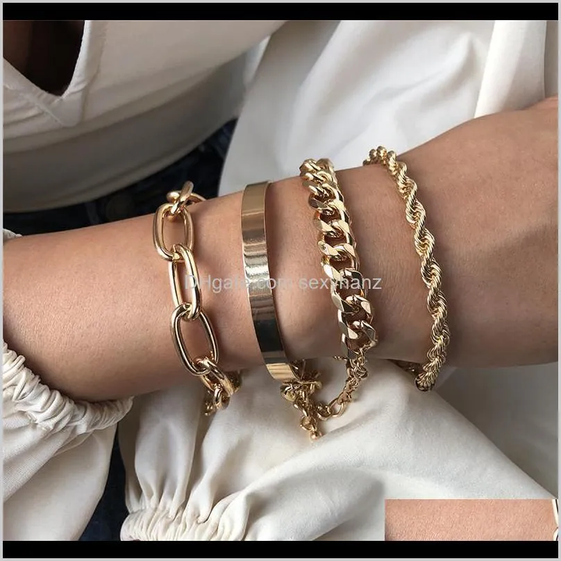 Lien, livraison directe de bijoux 2021 4 pièces/ensemble bracelets Hip Hop pour femmes hommes épais épais Bracelets cubains Punk Vintage Sier or corde torsadée Chai
