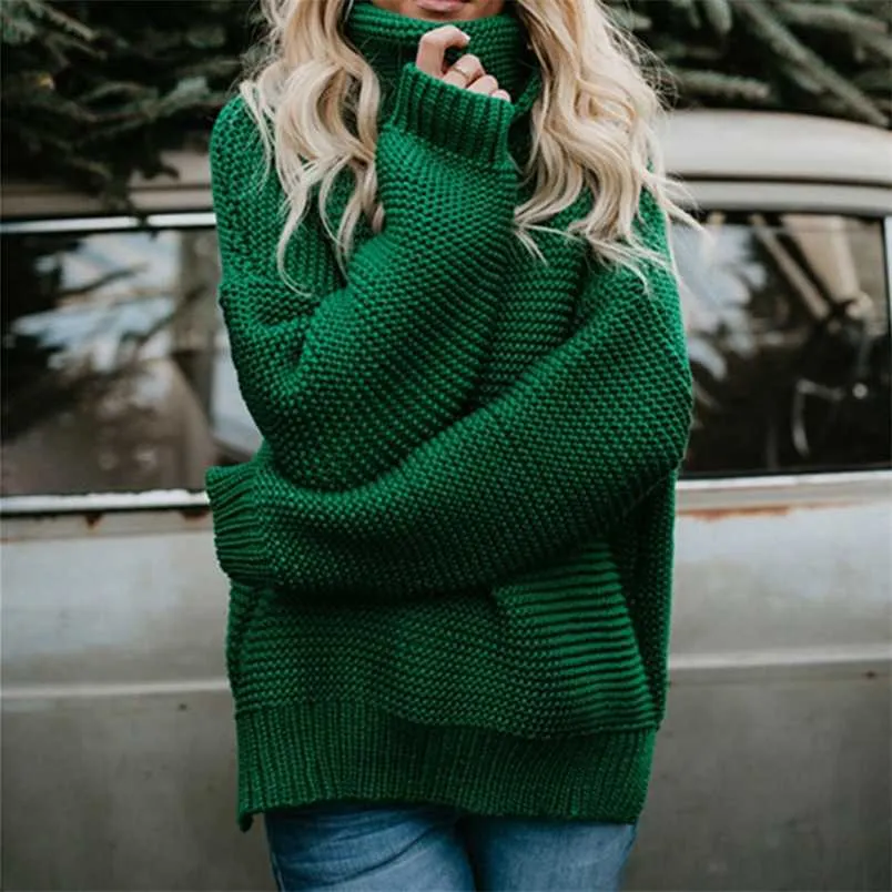 Women Pullover Turtle Neck Autumn Winter Clothes Warm Knitted Oversized Turtleneck Sweater For Women's Green Tops Woman 211007