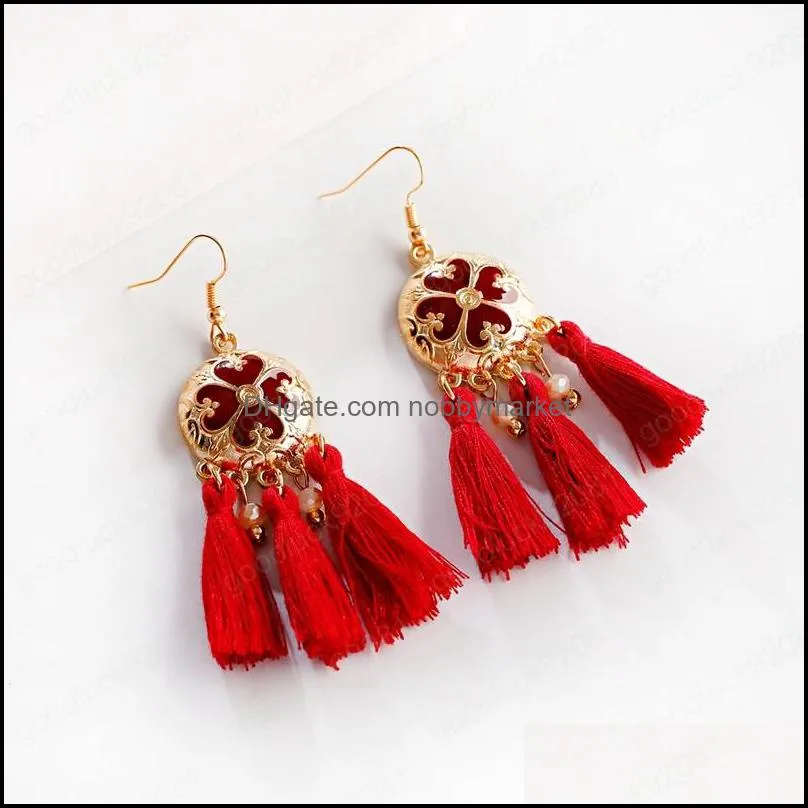 New Bohemian Green Tassel Statement Earrings Boho Ethnic Flower Red Long Fringed Earring For Women Charm Jewelry