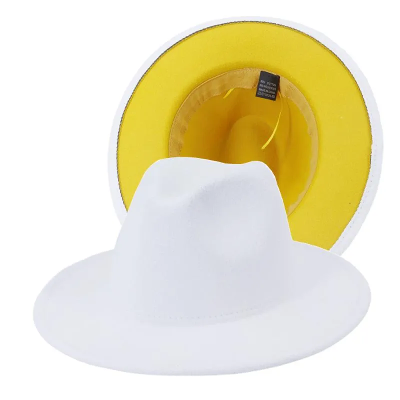 Breite Krempe Hüte Äußerer weißer innerer Gelb Fedora Frauen Großhandel 2021 Wolle 2 Zwei Ton Männer und Jazz Party Cap