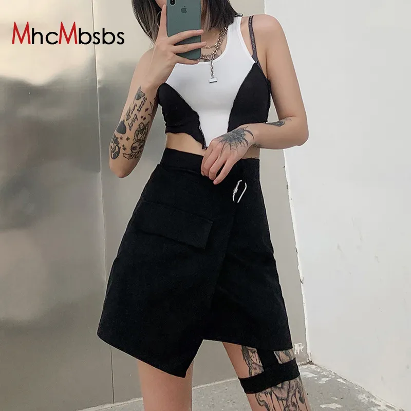 Minifalda de retazos negra gótica con bolsillo de hebilla de Metal para mujer Y2K Streetwear faldas Harajuku de cintura alta moda coreana 210517
