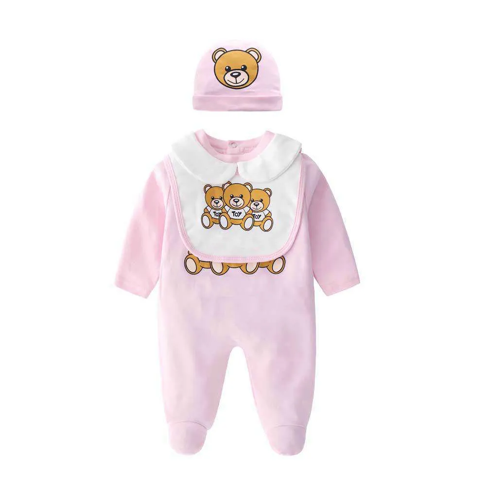 Nouveau 2021 Printemps Mode Nouveau-né Bébé Garçon Vêtements Coton Dessin Animé Petit Ours Nouveau-né Enfant Bébé Fille Barboteuse et Chapeau Bavoirs Ensembles H0824