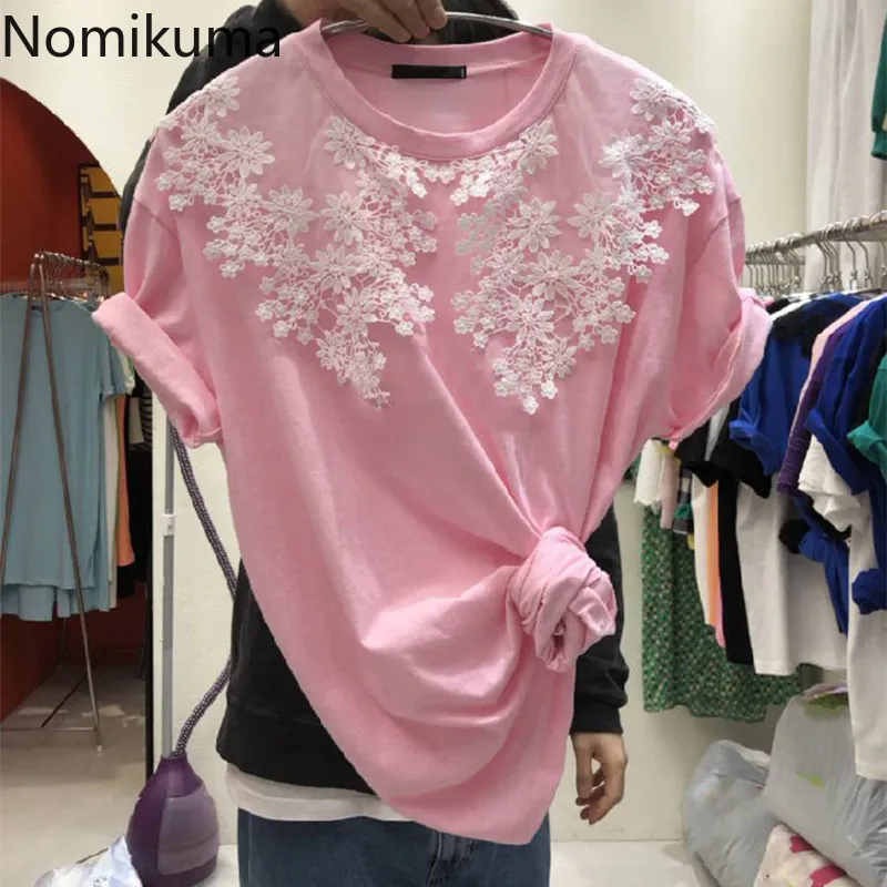 Nomikuma vår sommar kvinnor t-shirt koreanska spets patchwork grafiska tees kausal kortärmad o-neck t-shirts Femme 6e605 210427