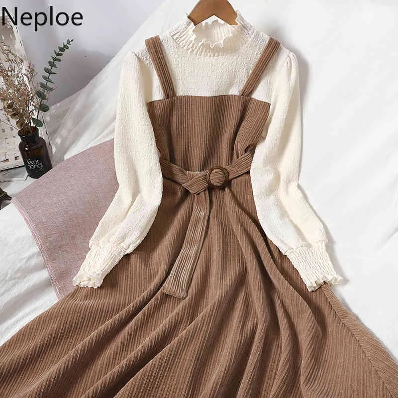 Neploe Fake Two Patchwork Maxi Vestidos Mujeres Contraste Color Ruffles Slim Cintura Vestidos Lace Up Big Swing Elegante Robe Vestido 210422