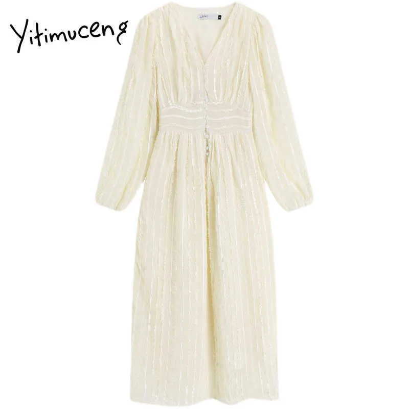 Yitimuceng blanc boutonné taille haute Mini robes femmes col en V a-ligne à manches longues vêtements printemps coréen mode robe 210601