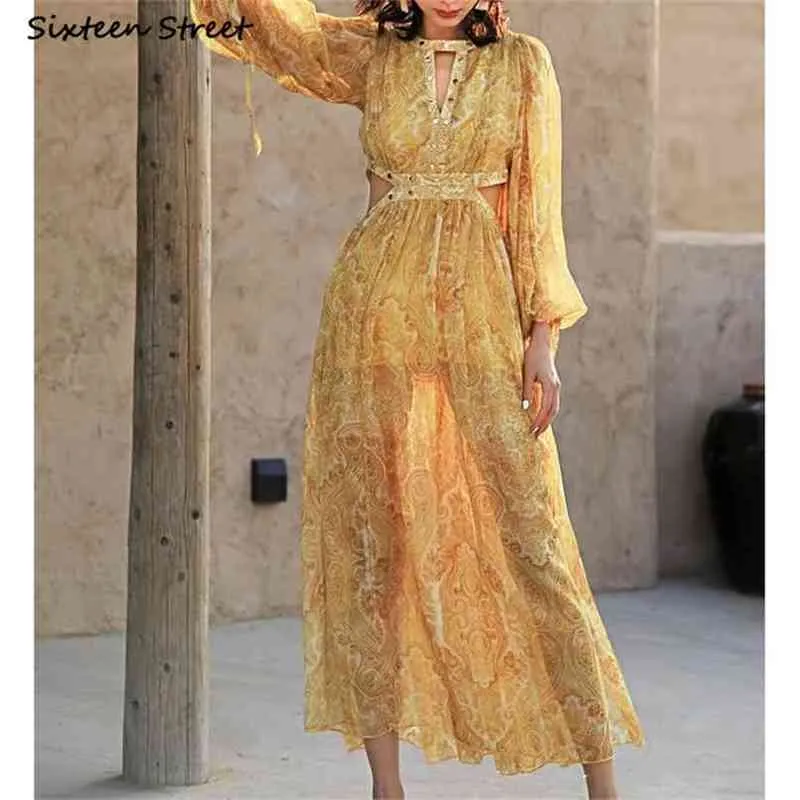 Boho vintage sommar klänning kvinna hög midja gul tryckta maxi vestido es öken rivet strand kvinnlig kläder 210603