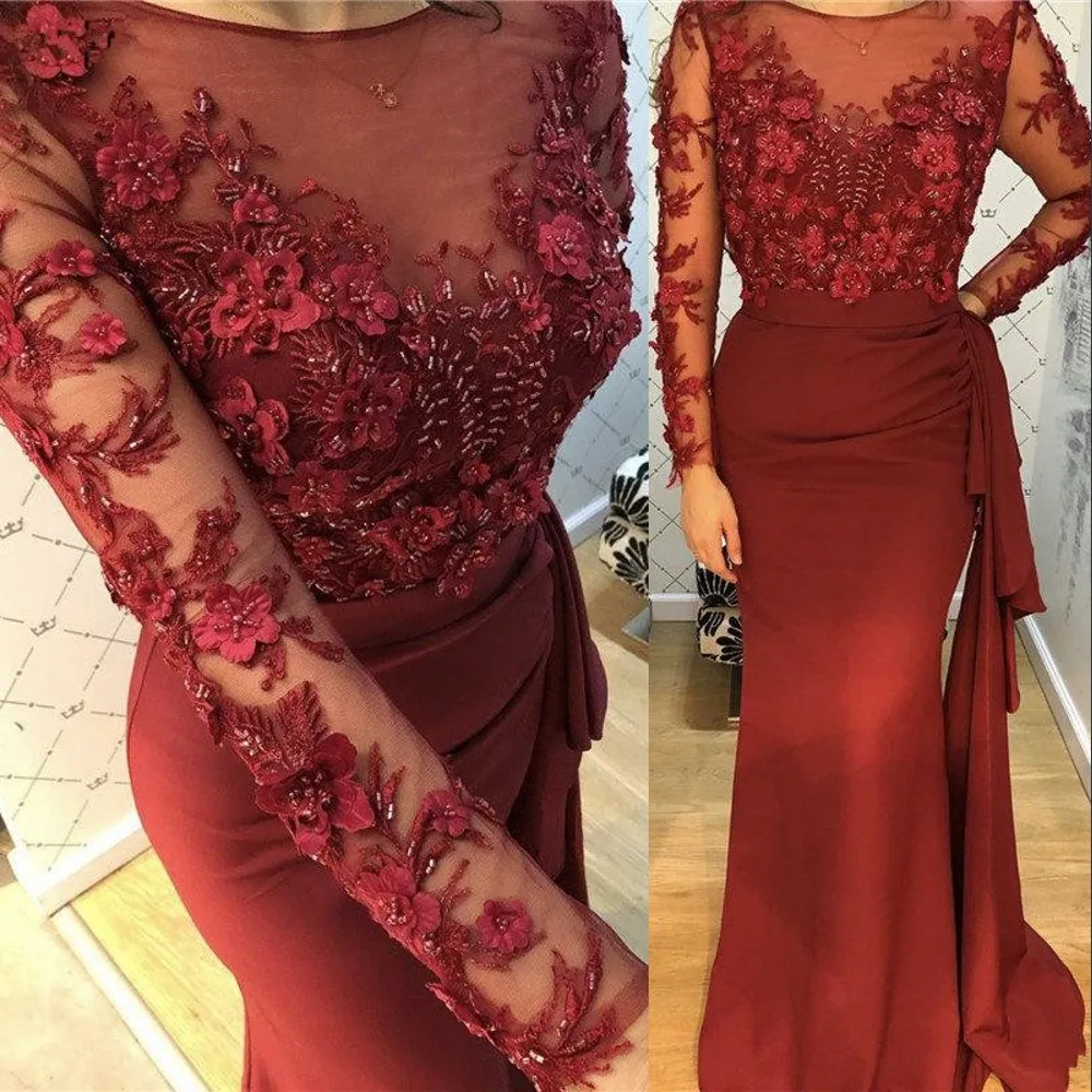 2021 Sexig Mörk Röd Prom Klänningar Juvel Neck Meermaid Långärmade Lace Appliques Pärlor Illusion Handgjorda Flowres Ruffles Evening Dress Party Formella klänningar