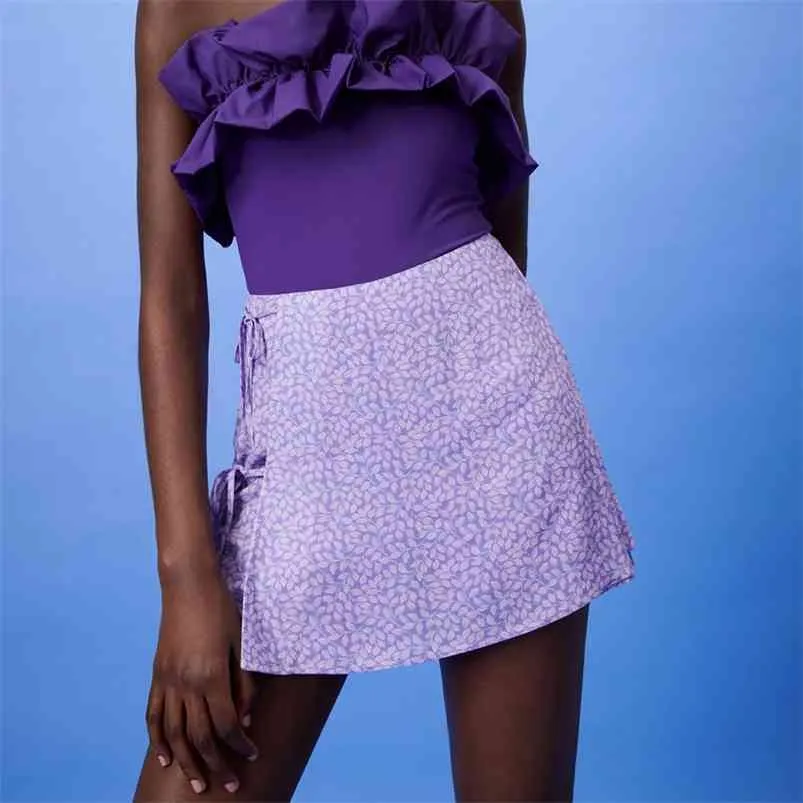 Женские летние сладкие печать шорты юбки ZA обертывание бокового бабочка галстук винтажную повседневную женскую улицу розетка одежда 210513
