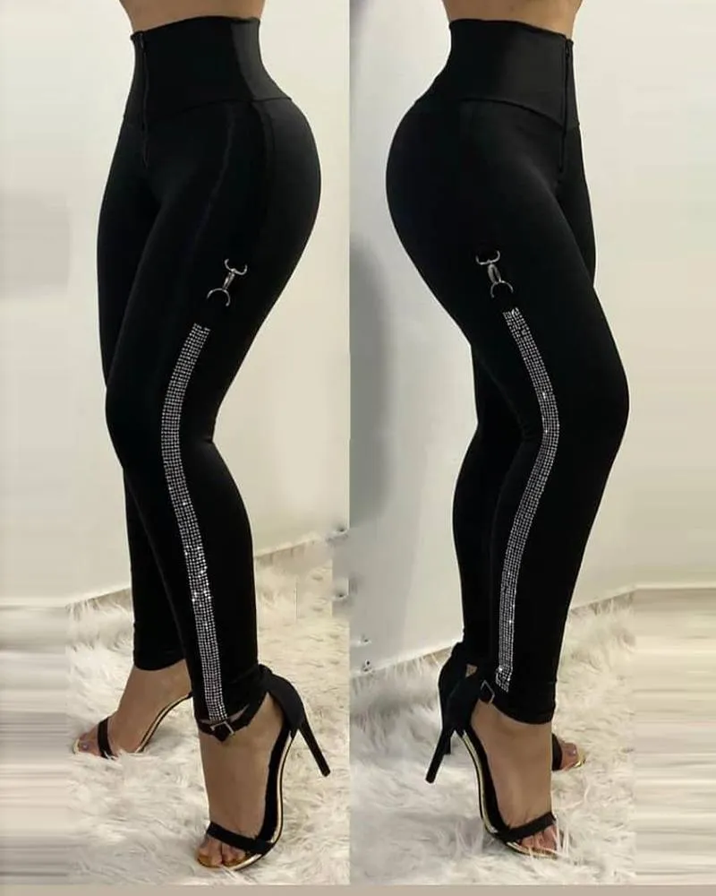 Femmes Sexy Élégant Clouté Taille Haute Maigre Pantalon Push Up Pantalon Mince Chic Crayon Pantalon Bureau Dames Tenues Nouveau 210415