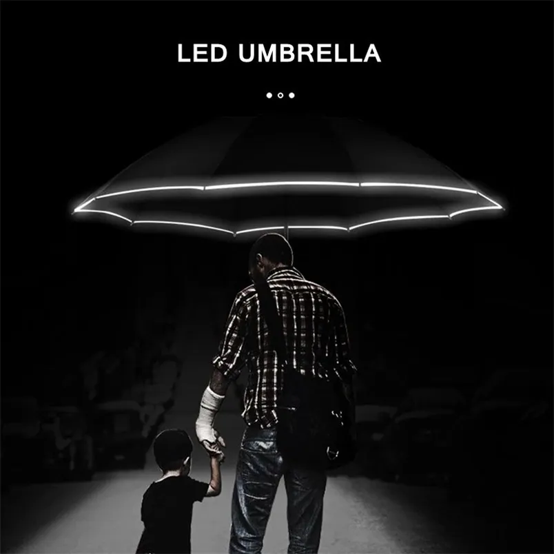 Automatische omgekeerde paraplu led lichtgevende winddicht 3 vouwen zakelijke sterke regen mannen auto hoge kwaliteit 10K parasol 210721