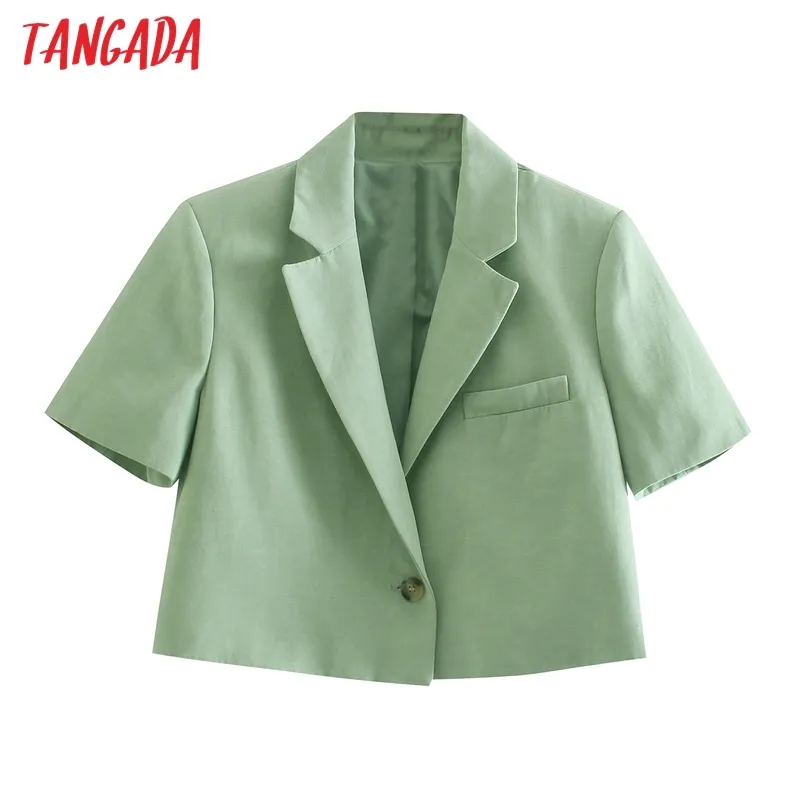 Mulheres verde blazer casaco de manga curta entalhado colarinho bolso moda feminino casual chique tops je59 210416