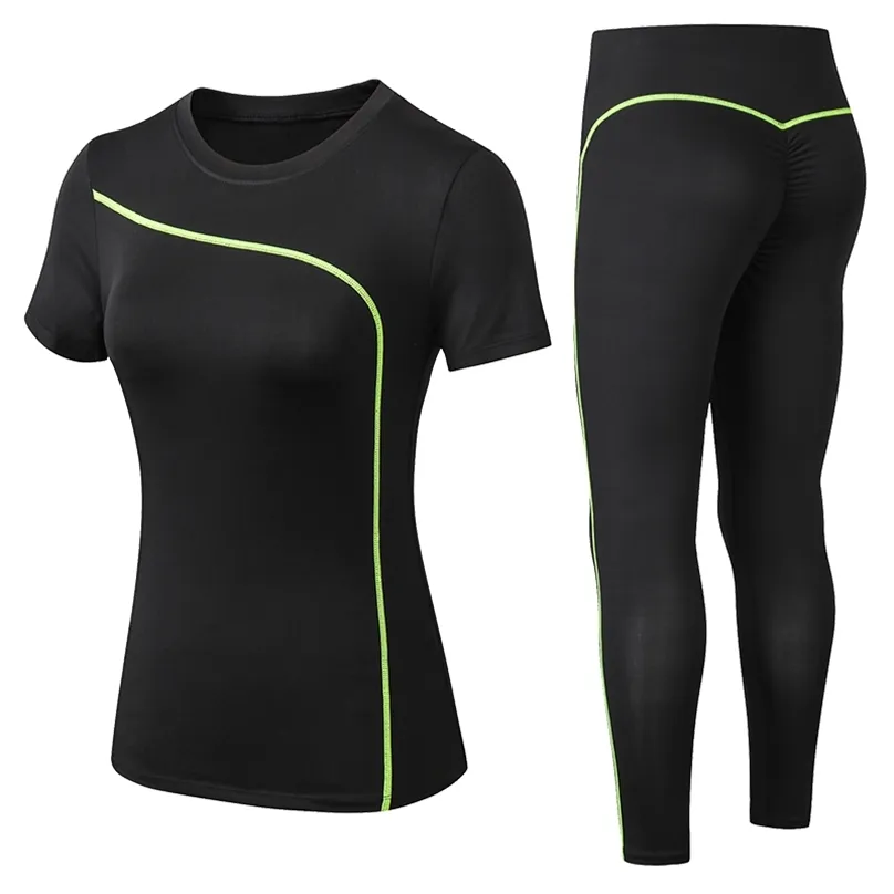 女性ジムセット2ピースヨガセット服テニスシャツ+シームレスレギンストレーニングスポーツスーツアクティブウェア210802