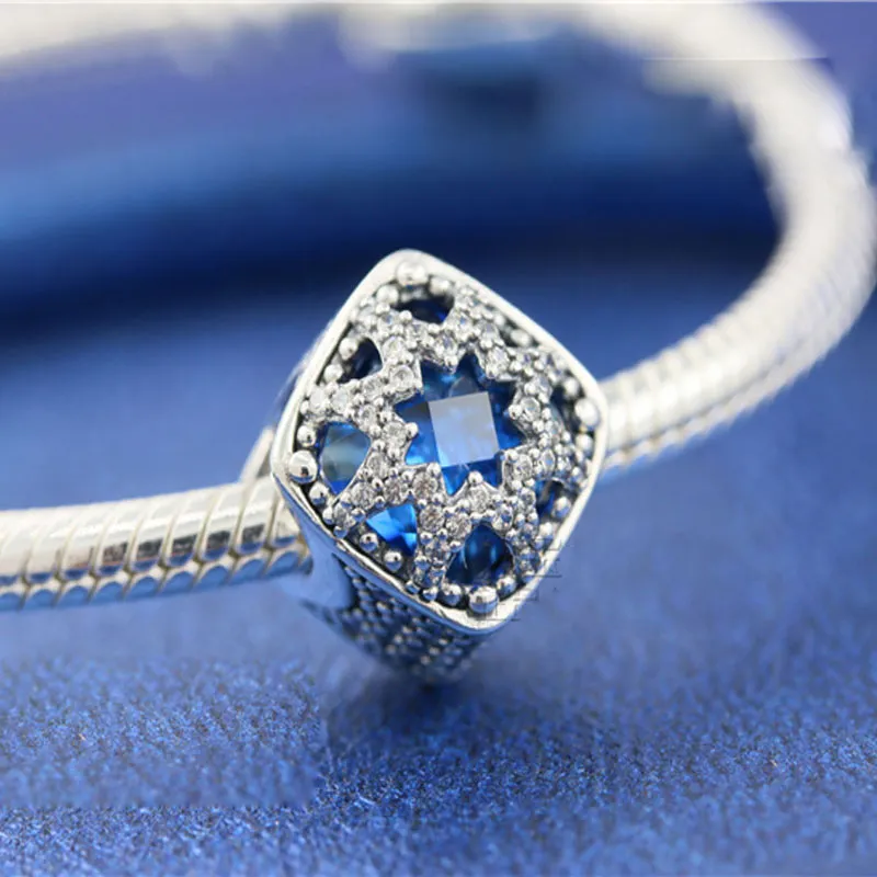 Solid 925 Sterling Silver Glacial Beauty With Blue Crystals Fits European Pandora Jewelry Charm Beads Bracelets