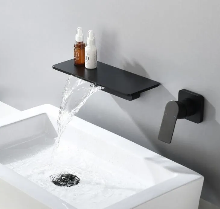 Wall Mounted Basin Faucet Matt Black Brass Bathroom Waterfall Mixer Tap Water Taps282D