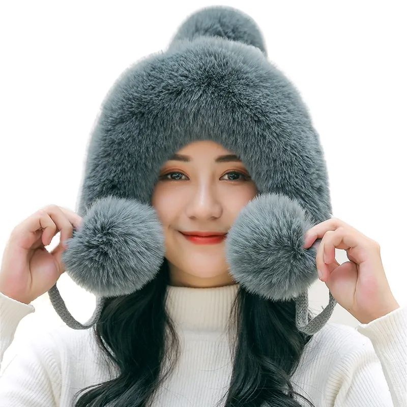 Woman Autumn Winter Mink Knit Bomber Hat Thick Female Fluffy Pompom Outdoor Warm Windproof Earflap Trapper Snow Ski Caps