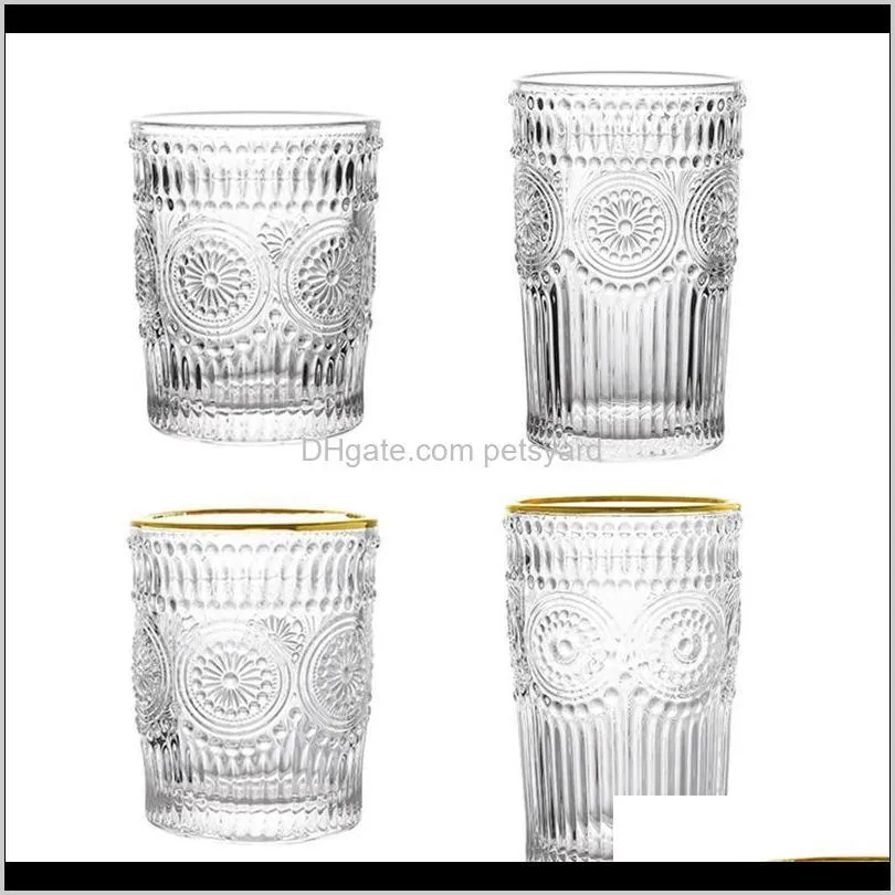 creative ins simple relief retro sun flower phnom penh thick non-slip glass water cup milk drinking brushing wine glasses