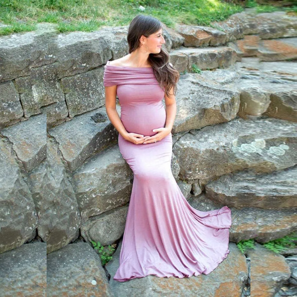 Robes de maternité sans épaule accessoires de photographie longue robe de grossesse pour bébé douche Photo Shoots femmes enceintes Maxi robe 2020 Y0924