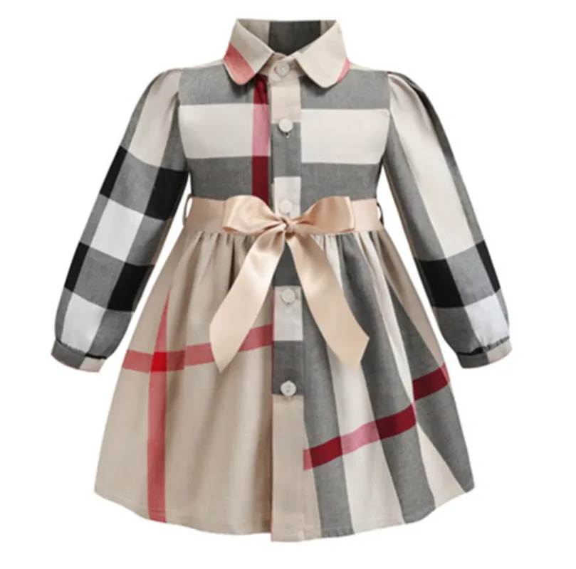女の赤ちゃんのドレスデザイナーシャツ襟長袖弓格子ドレスブリティッシュスタイルのコットンプリンセスフロック