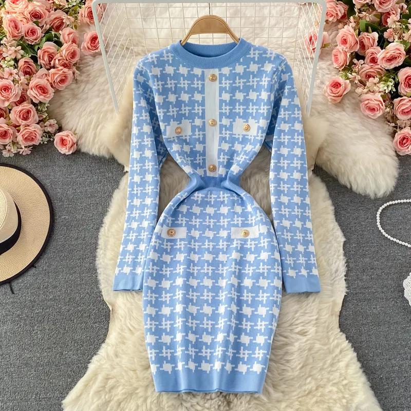 2021 فصل الشتاء الشتاء تصميم جديد للنساء O-neck Long Sleeve Houndstooth Grid Frict Short