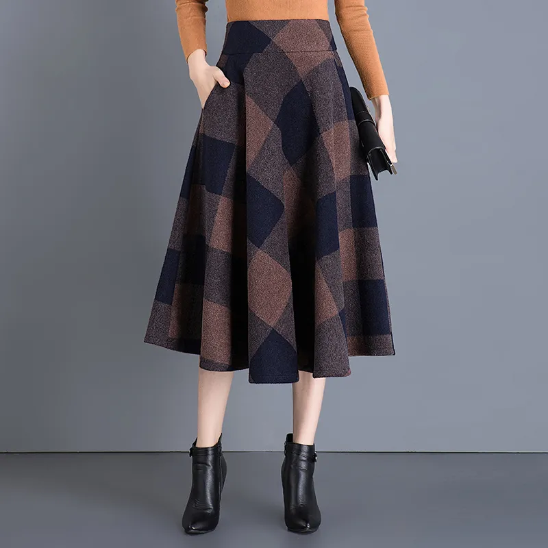 High Waist Knee Skirt Women Pocket Woolen female Flare Plaid Autumn winter Vintage Half A-line skirt 918H 210420