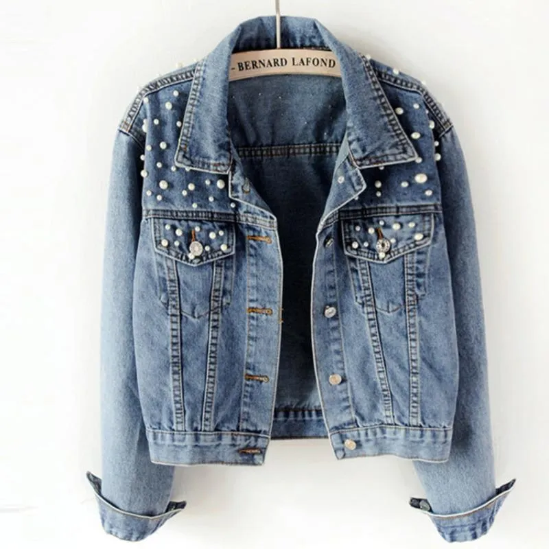 Kvinnors Jackor Pearl Beading Kort Denim Kvinnor Tvätta Långärmad Vintage Casual Jean Jacket Coat Jeans Plus Storlek 5XL