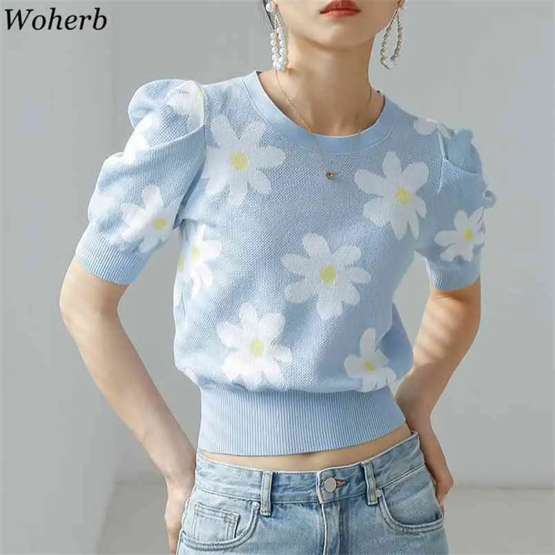 Sommer Gestrickte T-shirt Frauen Koreanische Chic Floral Kurze Puff Sleebe Tops Oansatz Mode Vintage Damen T-shirt Femme 210519