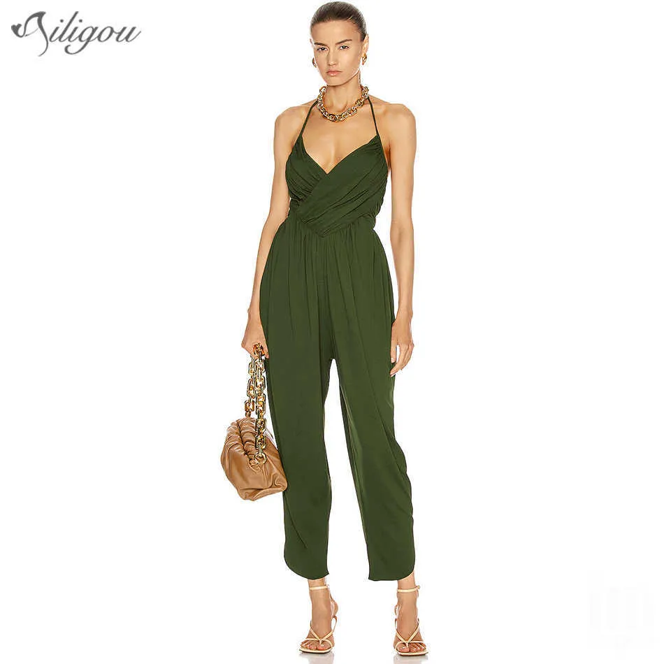Save Big on Bulk Army Green Jumpsuits For Women Womens Summer Jumpsuits:  Army Green Sexy Halter V Neck Pleated Sleeveless Celebrity Party Jumpsuit 