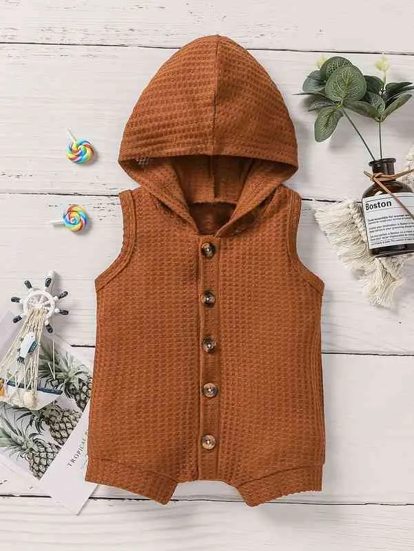 Baby Button Front Waffle Knit Hooded Romper SHE