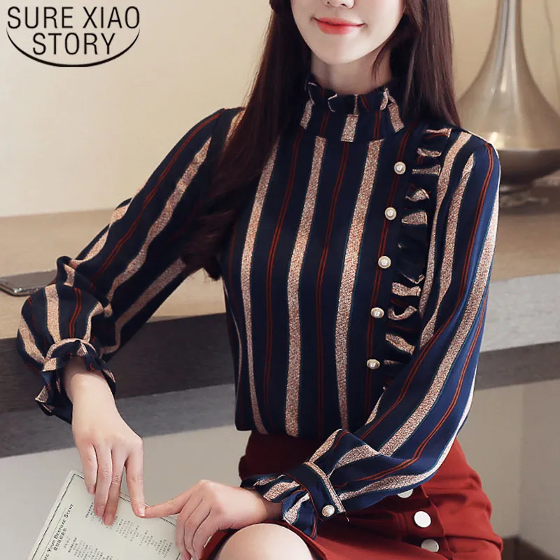 Blusas Mujer de Moda 쉬폰 블라우스 셔츠 여성과 블라우스 버튼 스트라이프 스탠드 숙녀 탑스 여성 의류 5756 50 210415