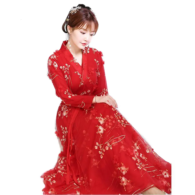 Röd kinesiska Hanfu Princess Dress Lady Traditionella orientaliska kostymer Fairy Performance Cosplay Kläder Vuxna Stage Wear262h