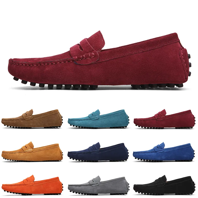 Sapatos de camurça casuais masculinos, de alta qualidade, sem marca, preto, azul, vinho, vermelho, cinza, laranja, verde, marrom, deslizamento em couro preguiçoso, EUR 38-45