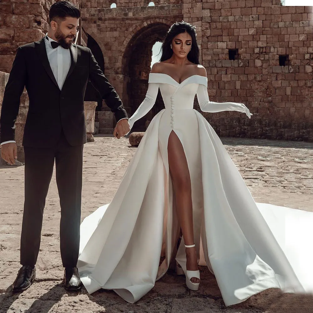 Off Shoulder Mermaid Overskirt Wedding Dress With Detachable Train And Side Split Graceful Satin Bridal Gown From Weddingteam 114.34 DHgate.Com