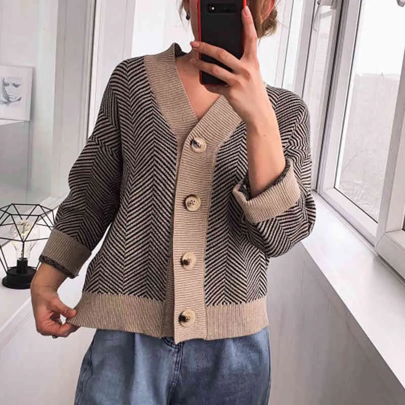 Cardigans Stickade V-nacke Vinter Kvinnors Höst Retro Loose Striped Single Breasted Bat Sleeve Stickad Cardigan Coat Sweater 210514