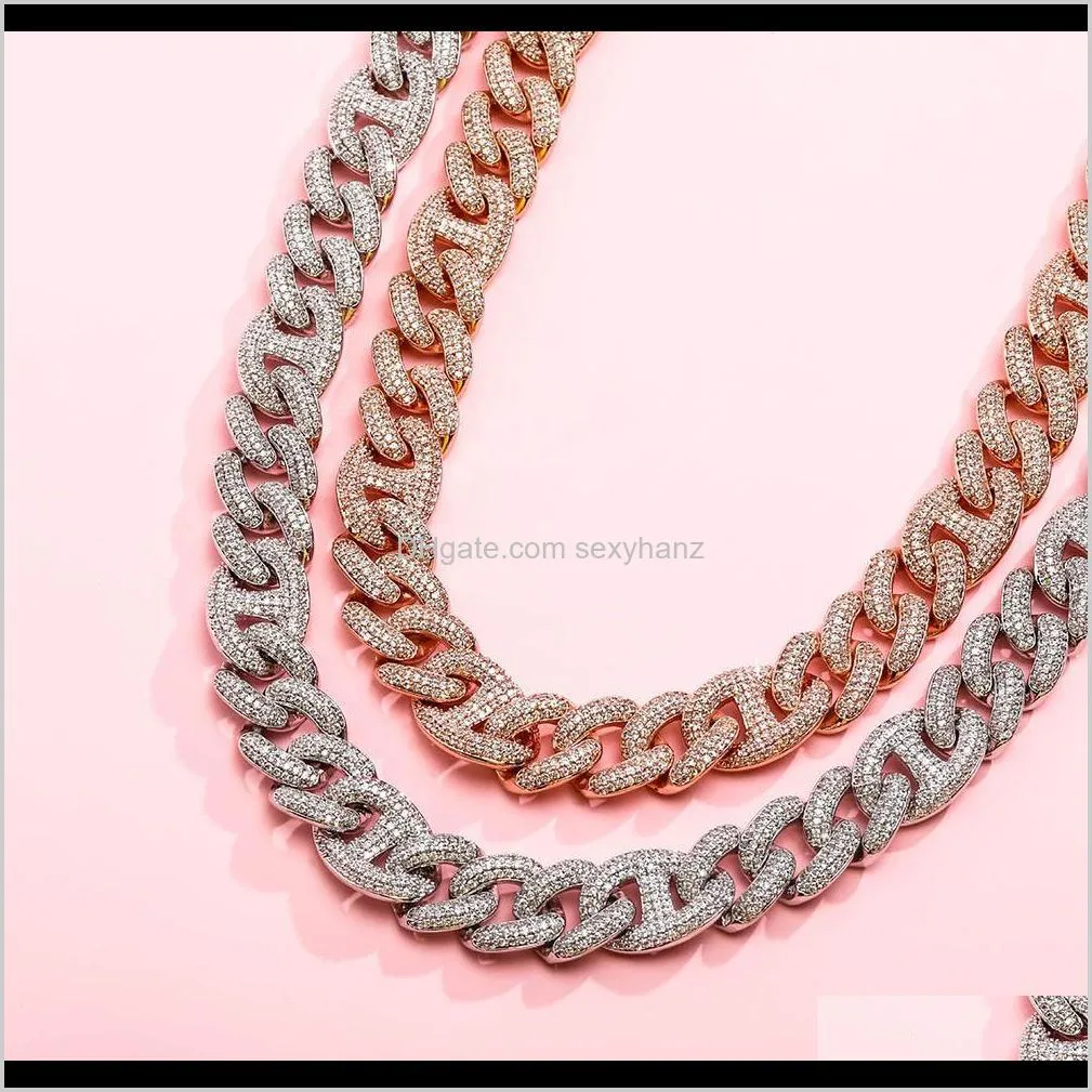 high quality 14mm wide  link chains for hip hop men and women rose gold with full diamond necklace