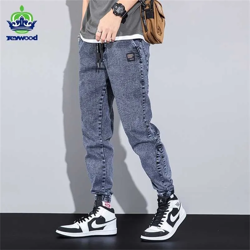 Осенние свободные мужские джинсы текстовые вышивка мешковатая эластичная талия Harlan грузовые джоггры бренд брюки мужские серые большие размеры M-8XL 211120
