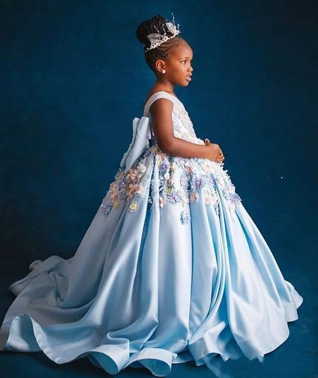 Off Shoulder Sky Blue Lace Flower Girl baby blue dress with Crystal Beads and Bow for Weddings Pageants and Birthdays