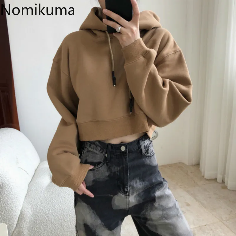 Nomikuma Autumn Winter Fleece Short Hooded Pullover Sweatshirt Causal Long Sleeve Women Jumper New Korean Hoodies Top 6D588 210427