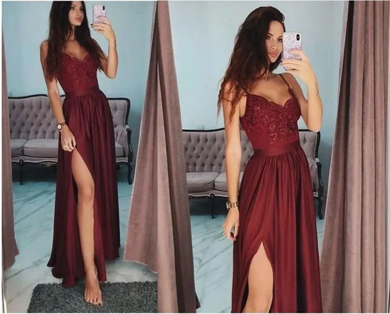 Sexy Split Dark Dark Red Long Prom Dress Laurea Party Elastic Satin Form Form For Spaghetti Abiti da sera