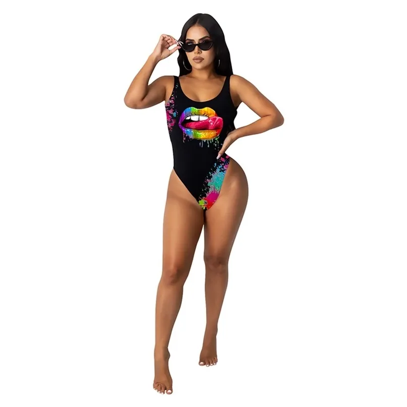 Colorful Lip Printed Summer Runway Designer Women Jumpsuits And Rompers Bodycon Playsuits Sexy Bodysuit Swimsuit Wholesale 210525