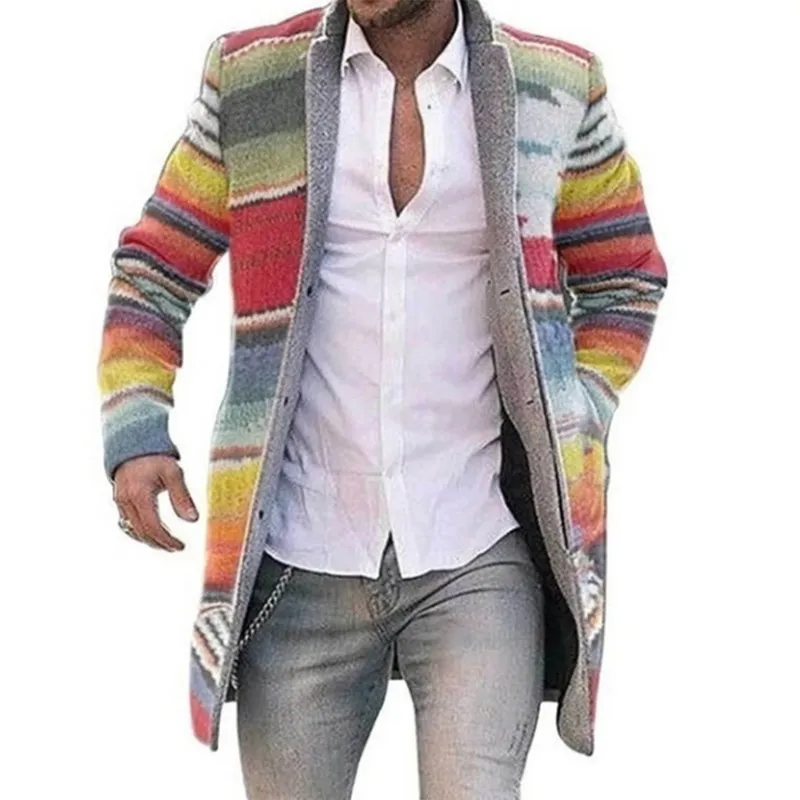 Cardigan mi-long imprimé rayé pour homme, Trench-Coat décontracté, manteaux à manches longues, sous-vêtements d'automne, mode hiver décontracté