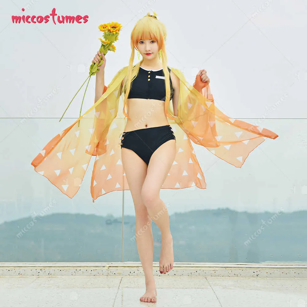 Haikyuu Zenitsu Agatsuma Cosplay Two Piece Anime Swimsuit V Neck High Waist Lace Up Bathing Suit Swimwear Kimono Cover Y0913