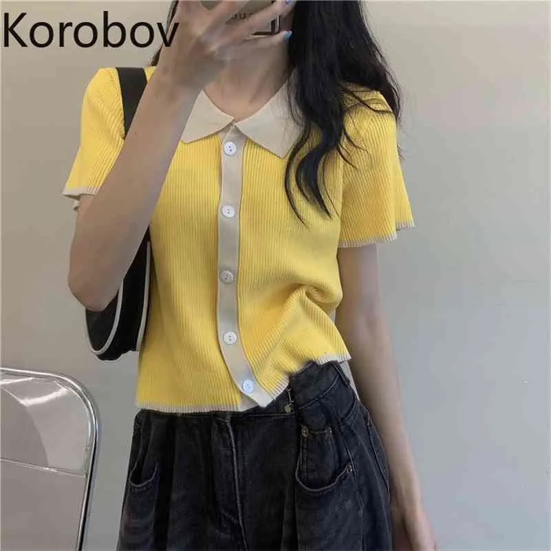 Korobov New Vintage Sweet Women Sweaters Korean Turn-Down Collar Short Sleeve Summer Cardigans Preppy Style Sueter Mujer 210430