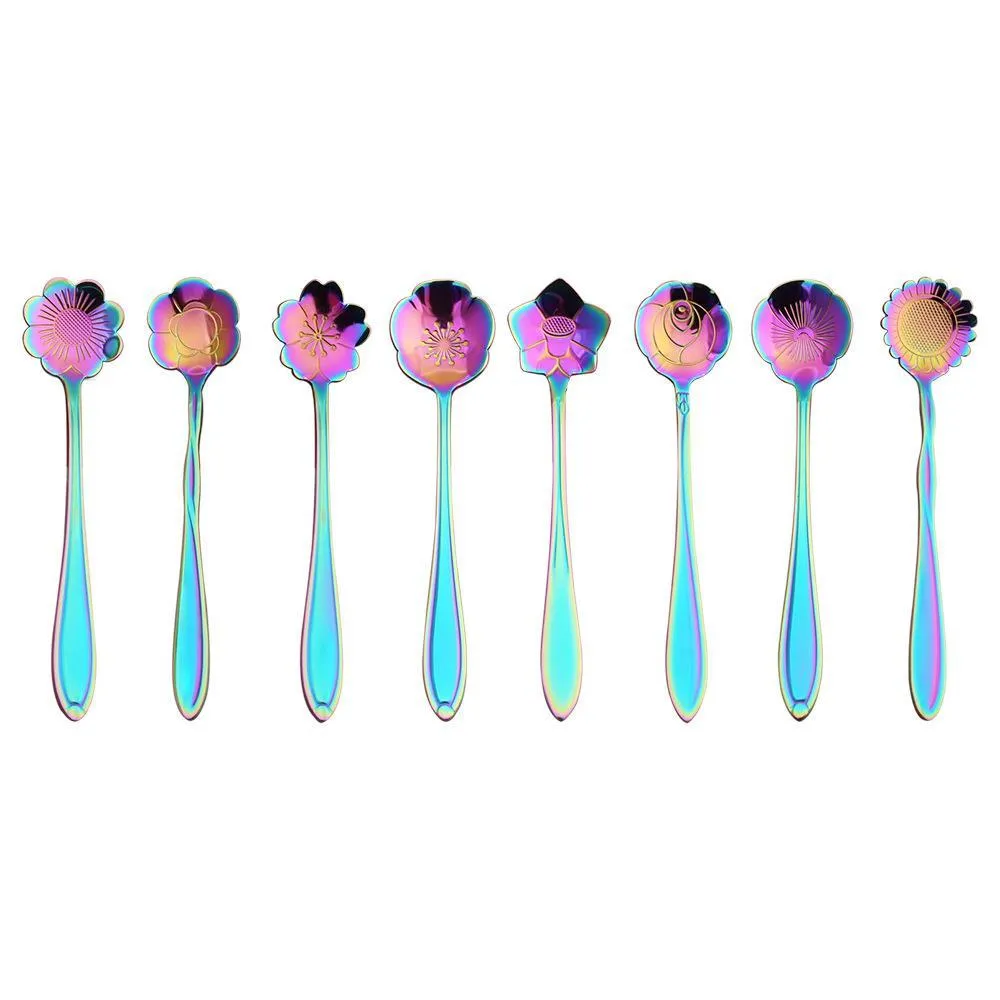 Black Rainbow Spoons Flower Dessert Coffee Spoons Stainless Steel Sugar Spoons Cutlery