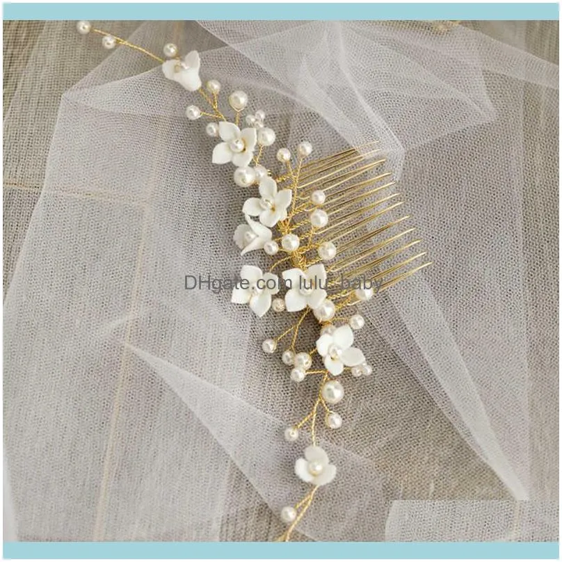 Floralbride Handmade Wired Alloy Pearl Ceram Flower Bridal Comb Wedding Headdress Hair AccessoriesBridesmaids Women Jewelry