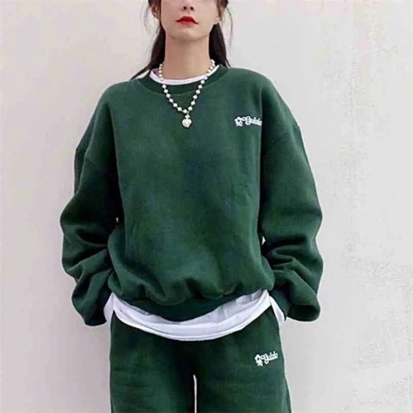Casual Harajuku Groen 2-delige Sportkleding Unisex Lange mouwen Pullover en Shorts Dames Jumpsuit 210525
