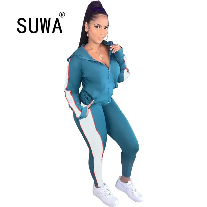 Wholesale outono esporte de inverno dois pedaços conjunto mulheres túnica manga longa casaco top + corredores de cintura alta calças calças calças streetwear 210525