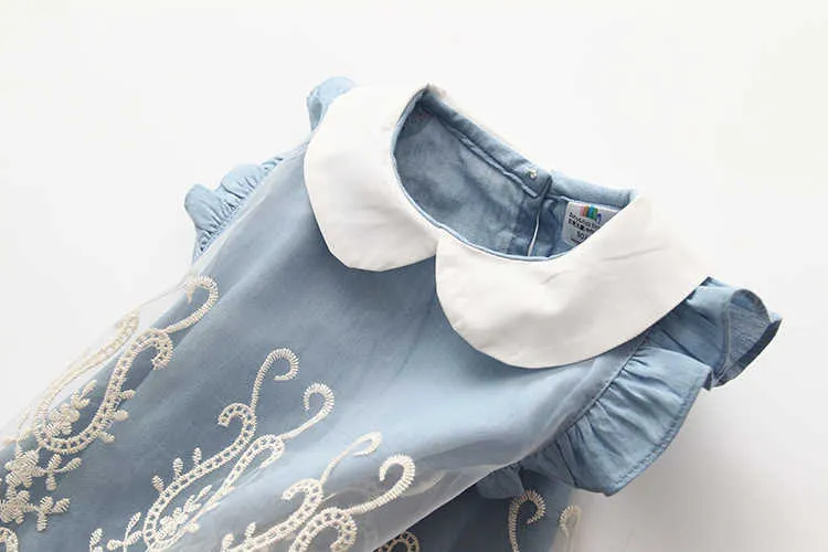  Summer 2-10 Years Beautiful Children Baby Kids Pleat Peter Pan Collar Fly Sleeve Party Lace Blue Denim Dress For Girls (4)